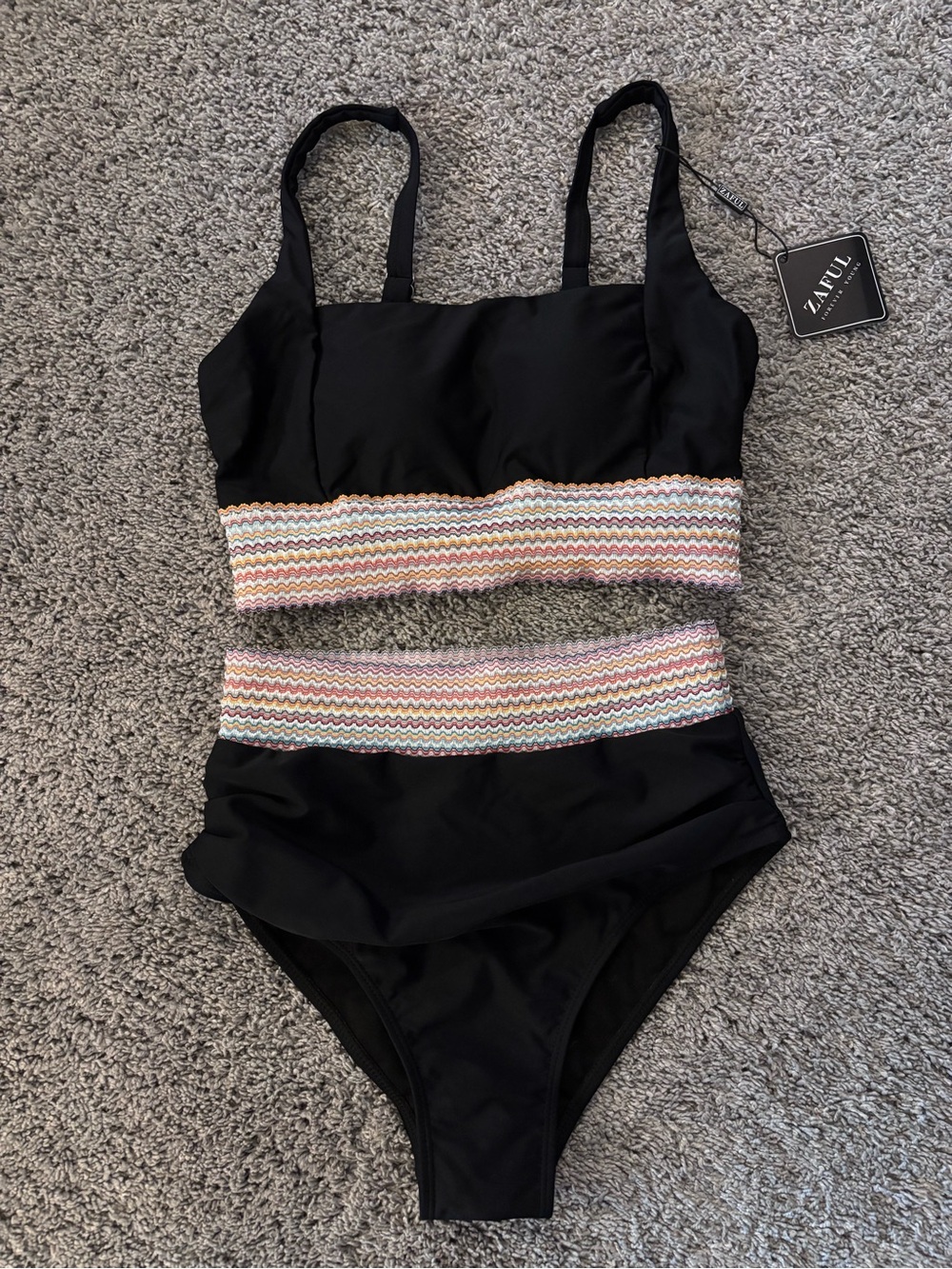 Zaful Black High Waisted Bikini Set Small Chevron Multi Color Woven Boho